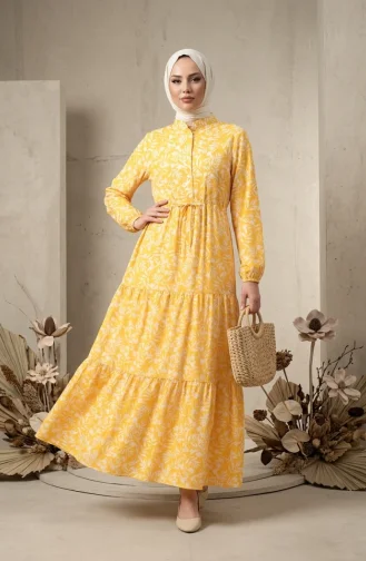 Geblümtes Gemustertes Kleid Mit Gürtel 0285-03 Gelb 0285-03