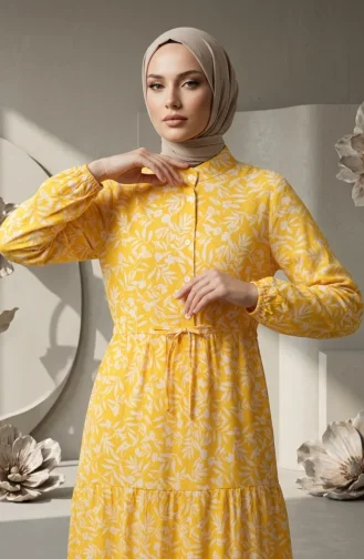 Geblümtes Gemustertes Kleid Mit Gürtel 0285-03 Gelb 0285-03