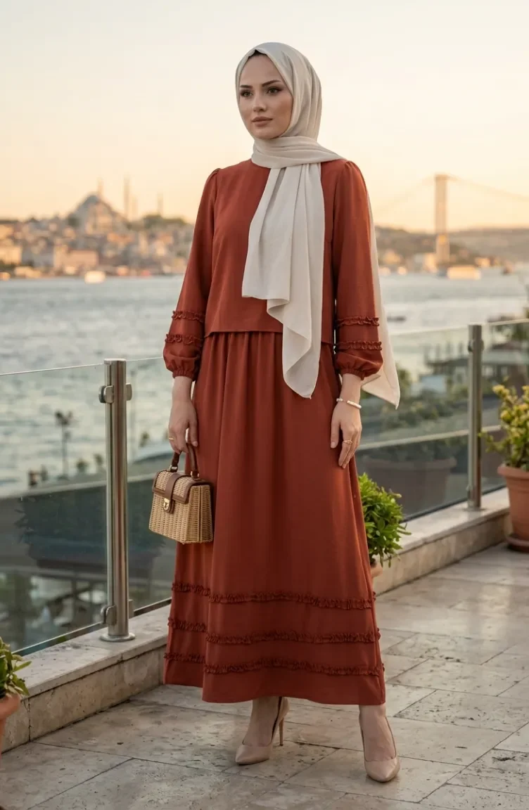 Ruffled Blouse And Skirt Two-Piece Set 0279-02 Terracotta 0279-02