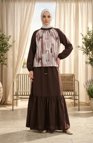 Satin Fabric Patterned Skirt Two-Piece Set 0300-01 Brown 0300-01