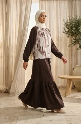 Satin Fabric Patterned Skirt Two-Piece Set 0300-01 Brown 0300-01