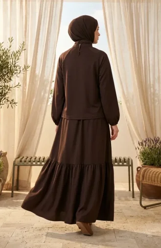Satin Fabric Patterned Skirt Two-Piece Set 0300-01 Brown 0300-01
