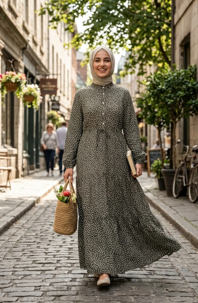 Belden Bağlamalı Puantiyeli Tesettür Elbise 0287-01 Haki