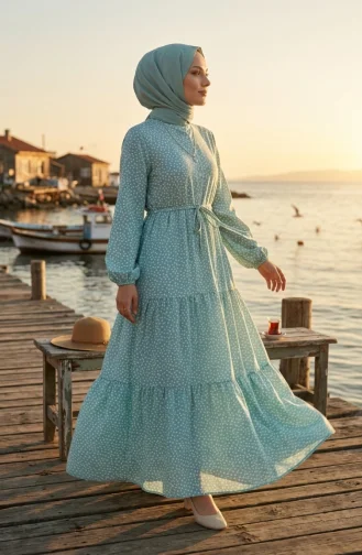 Robe Hijab à Pois Avec Ceinture à Nouer 0287-02 Vert Clair 0287-02