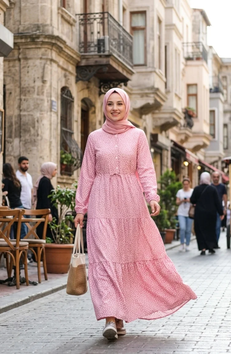 Belden Bağlamalı Puantiyeli Tesettür Elbise 0287-03 Pudra