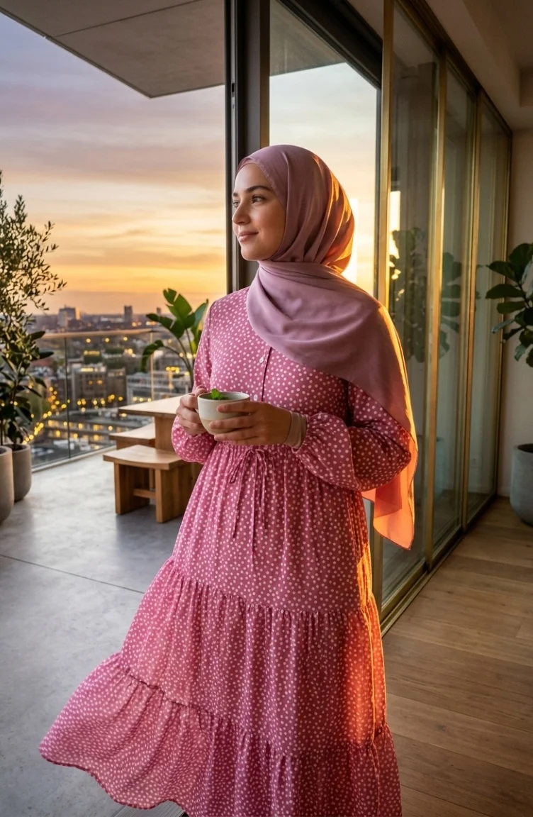 Robe Hijab à Pois Avec Ceinture à Nouer 0287-04 Rose 0287-04
