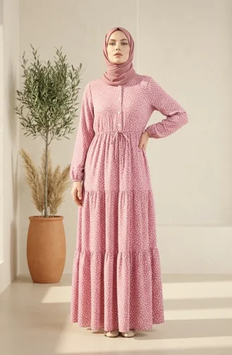Robe Hijab à Pois Avec Ceinture à Nouer 0287-04 Rose 0287-04