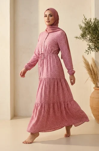 Robe Hijab à Pois Avec Ceinture à Nouer 0287-04 Rose 0287-04