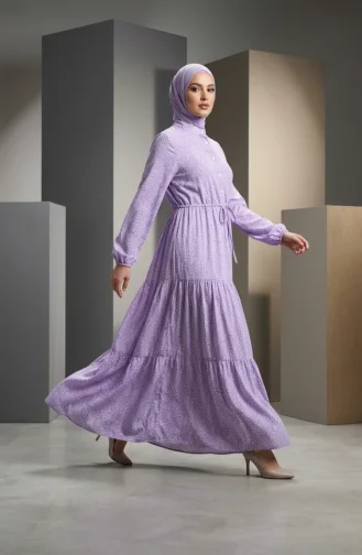 Robe Hijab à Pois Et Col Mandarin 0288-01 Lilas 0288-01