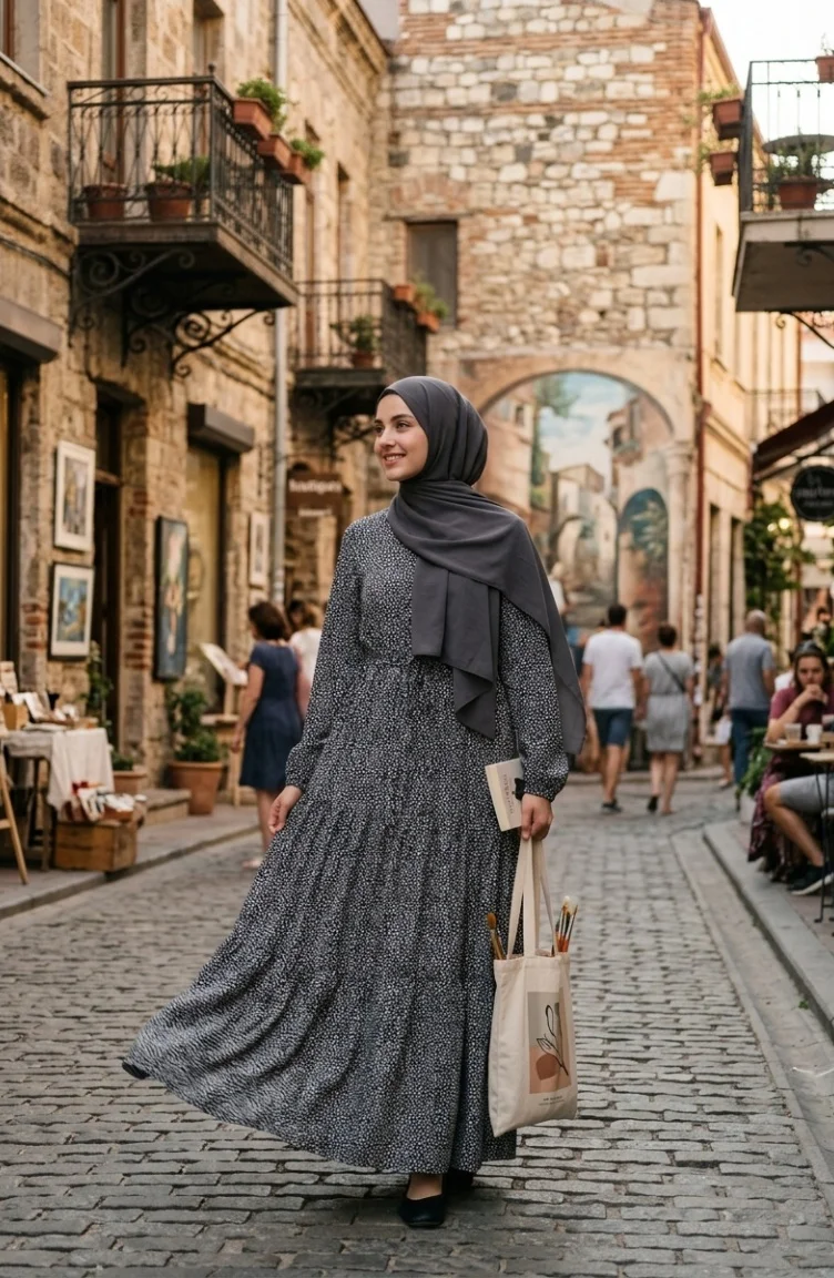 Robe Hijab à Pois Et Col Mandarin 0288-03 Noir 0288-03