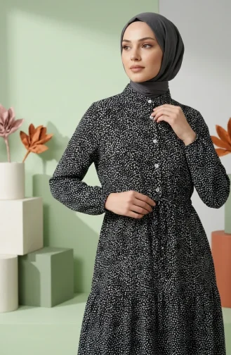 Robe Hijab à Pois Et Col Mandarin 0288-03 Noir 0288-03