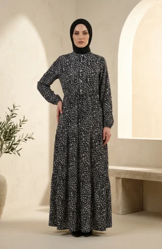 Robe Modeste à Motif Floral Et Ceinture à Nouer 0289-01 Noire 0289-01