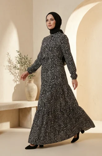 Robe Modeste à Motif Floral Et Ceinture à Nouer 0289-01 Noire 0289-01