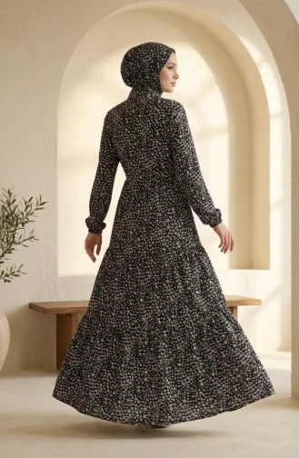Robe Modeste à Motif Floral Et Ceinture à Nouer 0289-01 Noire 0289-01