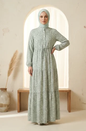 Robe Modeste à Ceinture à Motif Floral 0289-02 Kaki 0289-02