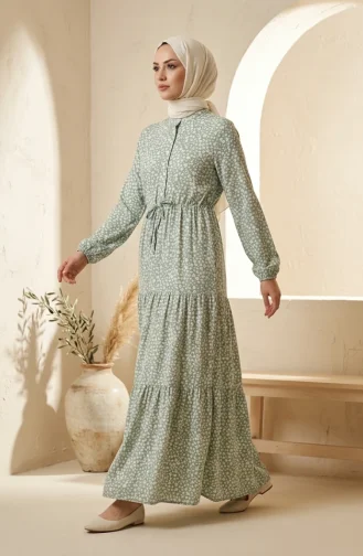 Robe Modeste à Ceinture à Motif Floral 0289-02 Kaki 0289-02