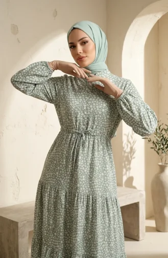 Robe Modeste à Ceinture à Motif Floral 0289-02 Kaki 0289-02