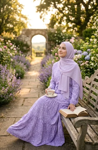 Robe Modeste à Ceinture à Motif Floral 0289-03 Lilas 0289-03