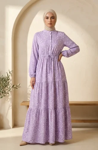 Robe Modeste à Ceinture à Motif Floral 0289-03 Lilas 0289-03