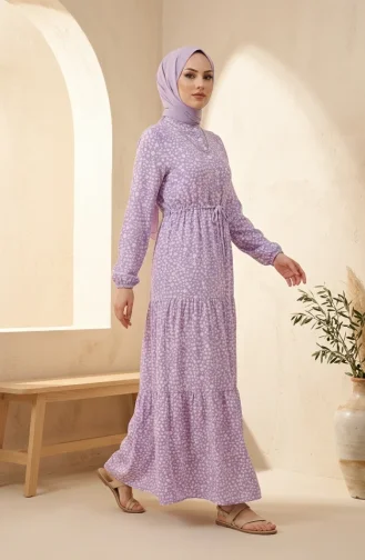 Robe Modeste à Ceinture à Motif Floral 0289-03 Lilas 0289-03