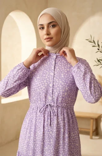 Robe Modeste à Ceinture à Motif Floral 0289-03 Lilas 0289-03