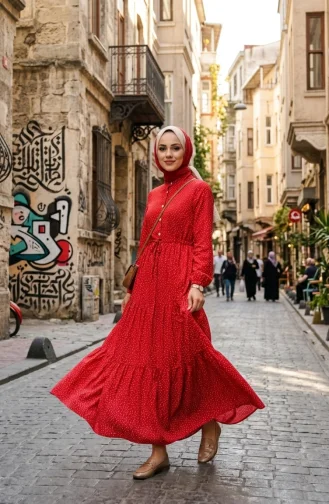 Robe Hijab à Pois Et Col Mandarin 0290-02 Rouge 0290-02