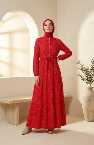Robe Hijab à Pois Et Col Mandarin 0290-02 Rouge 0290-02