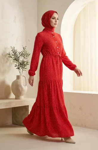 Robe Hijab à Pois Et Col Mandarin 0290-02 Rouge 0290-02