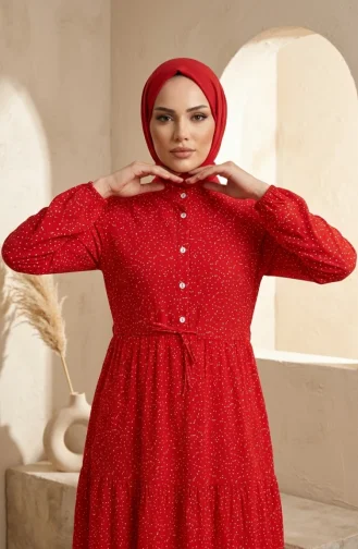 Robe Hijab à Pois Et Col Mandarin 0290-02 Rouge 0290-02