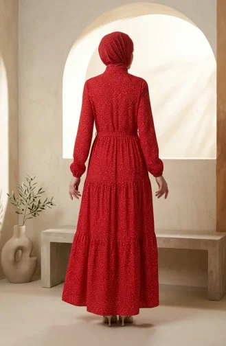 Robe Hijab à Pois Et Col Mandarin 0290-02 Rouge 0290-02