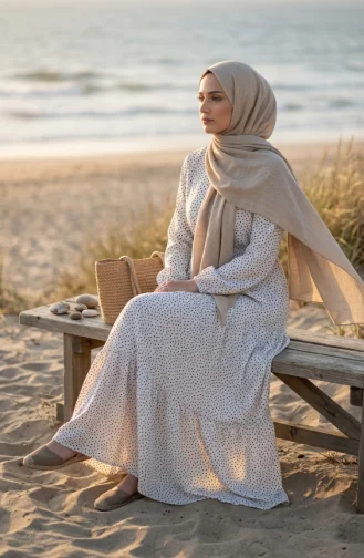 Robe Hijab à Pois Et Col Mandarin 0290-03 Blanche 0290-03