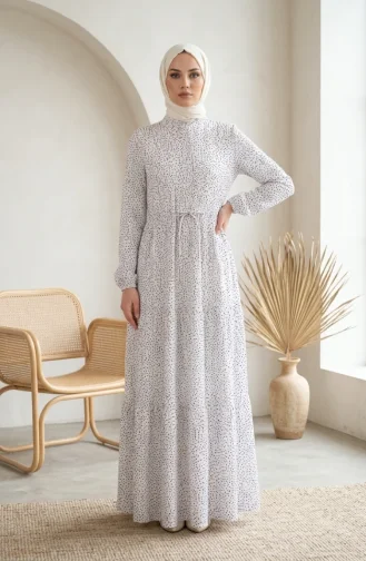 Robe Hijab à Pois Et Col Mandarin 0290-03 Blanche 0290-03
