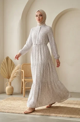 Robe Hijab à Pois Et Col Mandarin 0290-03 Blanche 0290-03