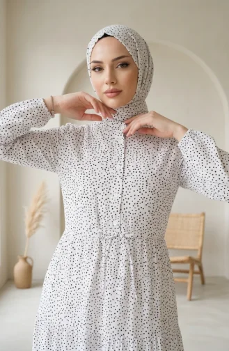 Robe Hijab à Pois Et Col Mandarin 0290-03 Blanche 0290-03