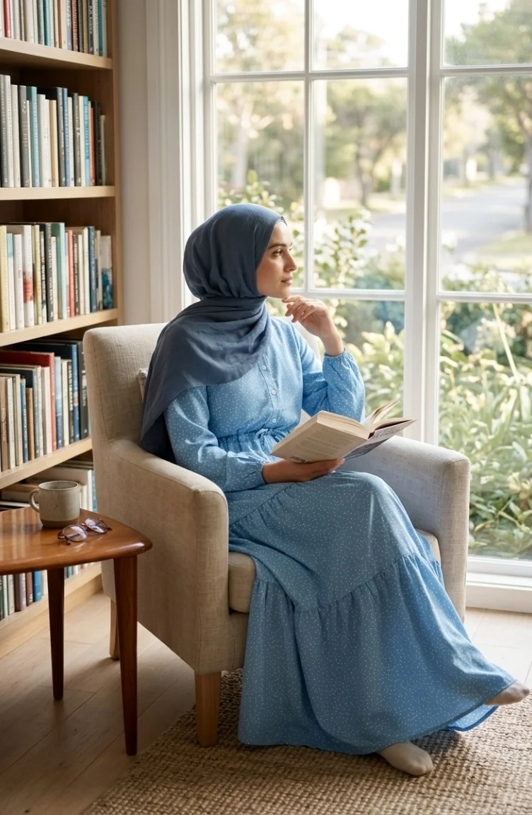 Robe Hijab à Pois Et Col Mandarin 0290-04 Indigo 0290-04