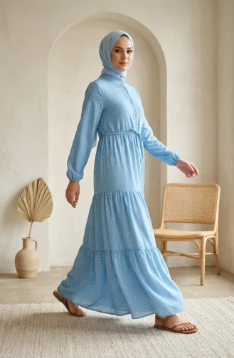 Robe Hijab à Pois Et Col Mandarin 0290-04 Indigo 0290-04