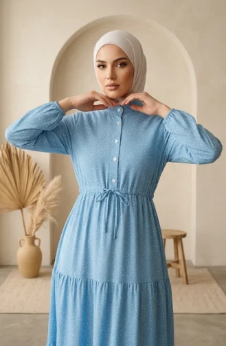 Robe Hijab à Pois Et Col Mandarin 0290-04 Indigo 0290-04