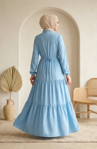 Robe Hijab à Pois Et Col Mandarin 0290-04 Indigo 0290-04