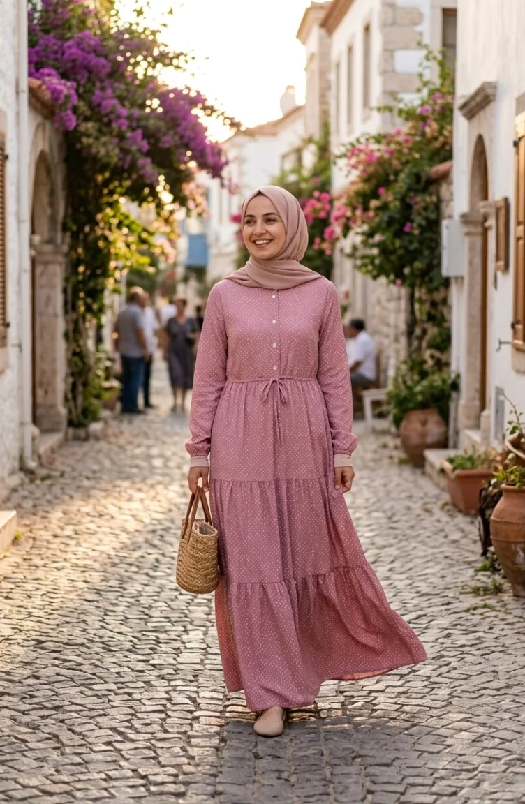 Hakim Yaka Puantiyeli Tesettür Elbise 0290-05 Pudra