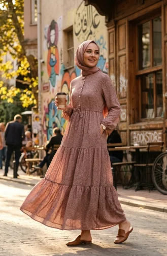 Robe Hijab à Pois Et Col Mandarin 0290-06 Rose 0290-06