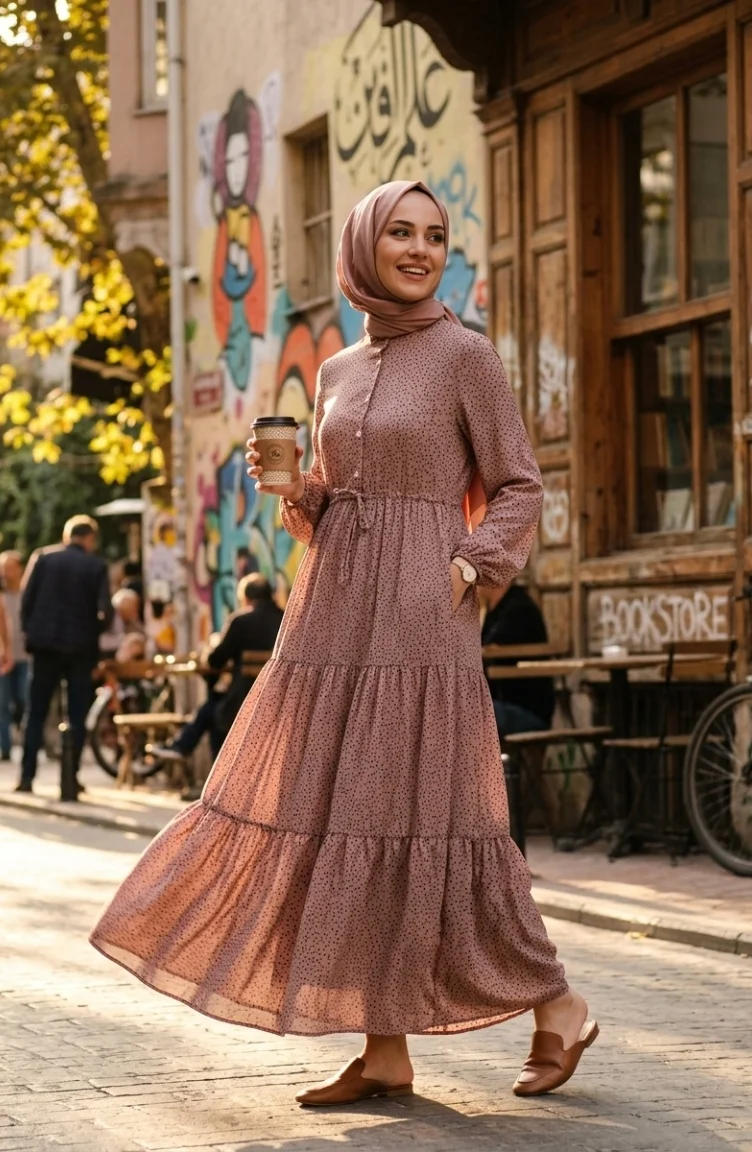 Robe Hijab à Pois Et Col Mandarin 0290-06 Rose 0290-06
