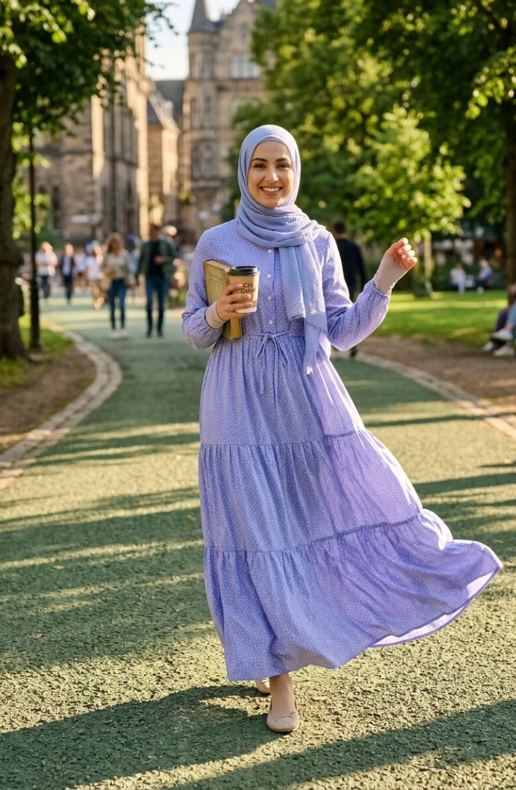 Robe Hijab à Pois Et Col Mandarin 0290-07 Lilas 0290-07