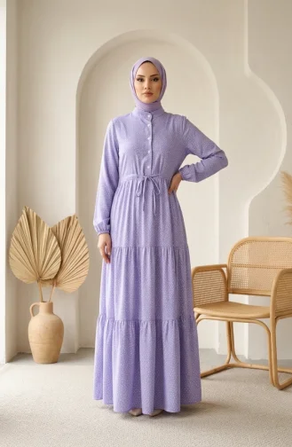 Robe Hijab à Pois Et Col Mandarin 0290-07 Lilas 0290-07