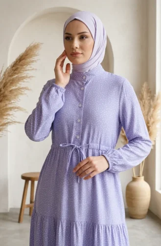 Robe Hijab à Pois Et Col Mandarin 0290-07 Lilas 0290-07
