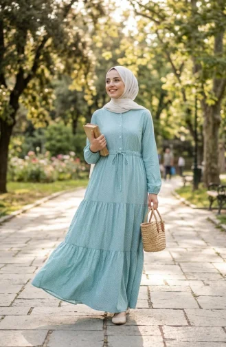 Robe Hijab à Pois Et Col Mandarin 0290-08 Vert Clair 0290-08