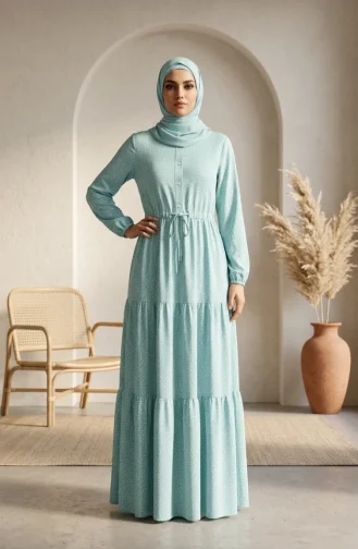 Robe Hijab à Pois Et Col Mandarin 0290-08 Vert Clair 0290-08