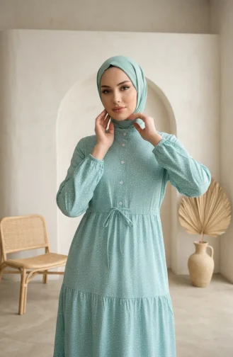 Robe Hijab à Pois Et Col Mandarin 0290-08 Vert Clair 0290-08