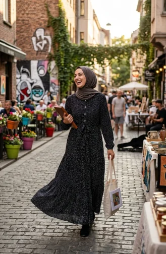 Robe Hijab à Pois Et Col Mandarin 0290-09 Noir 0290-09