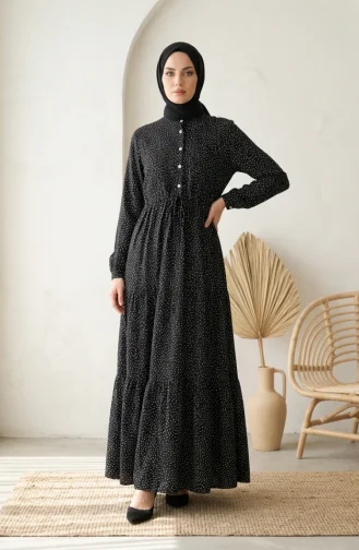 Robe Hijab à Pois Et Col Mandarin 0290-09 Noir 0290-09