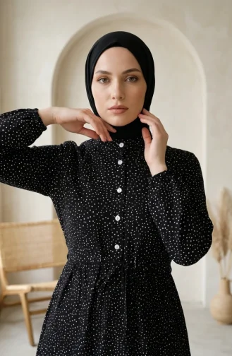 Robe Hijab à Pois Et Col Mandarin 0290-09 Noir 0290-09